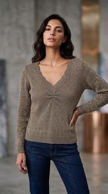 MEXX Women's Metallic Taupe V-Neck Long Sleeve Knit Sweater Size S